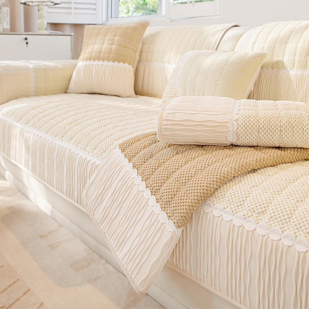 Elegant Soft Plush Grid Stitching Sofa Protector Cover - Warmth and Anti-Slip Couch Mat