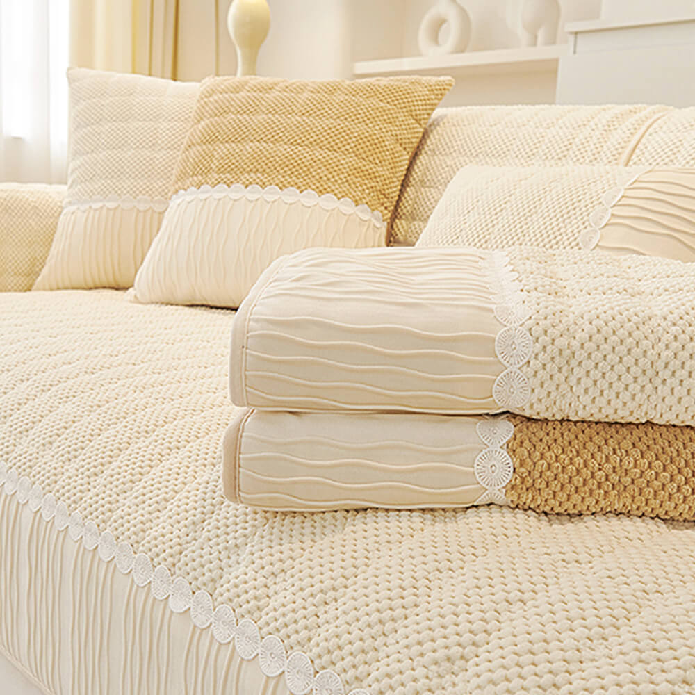 Elegant Soft Plush Grid Stitching Sofa Protector Cover - Warmth and Anti-Slip Couch Mat