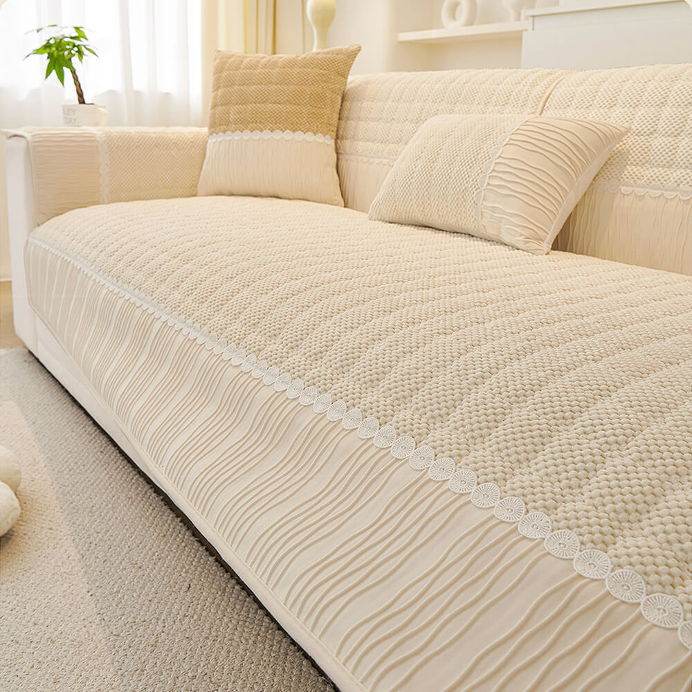 Elegant Soft Plush Grid Stitching Sofa Protector Cover - Warmth and Anti-Slip Couch Mat