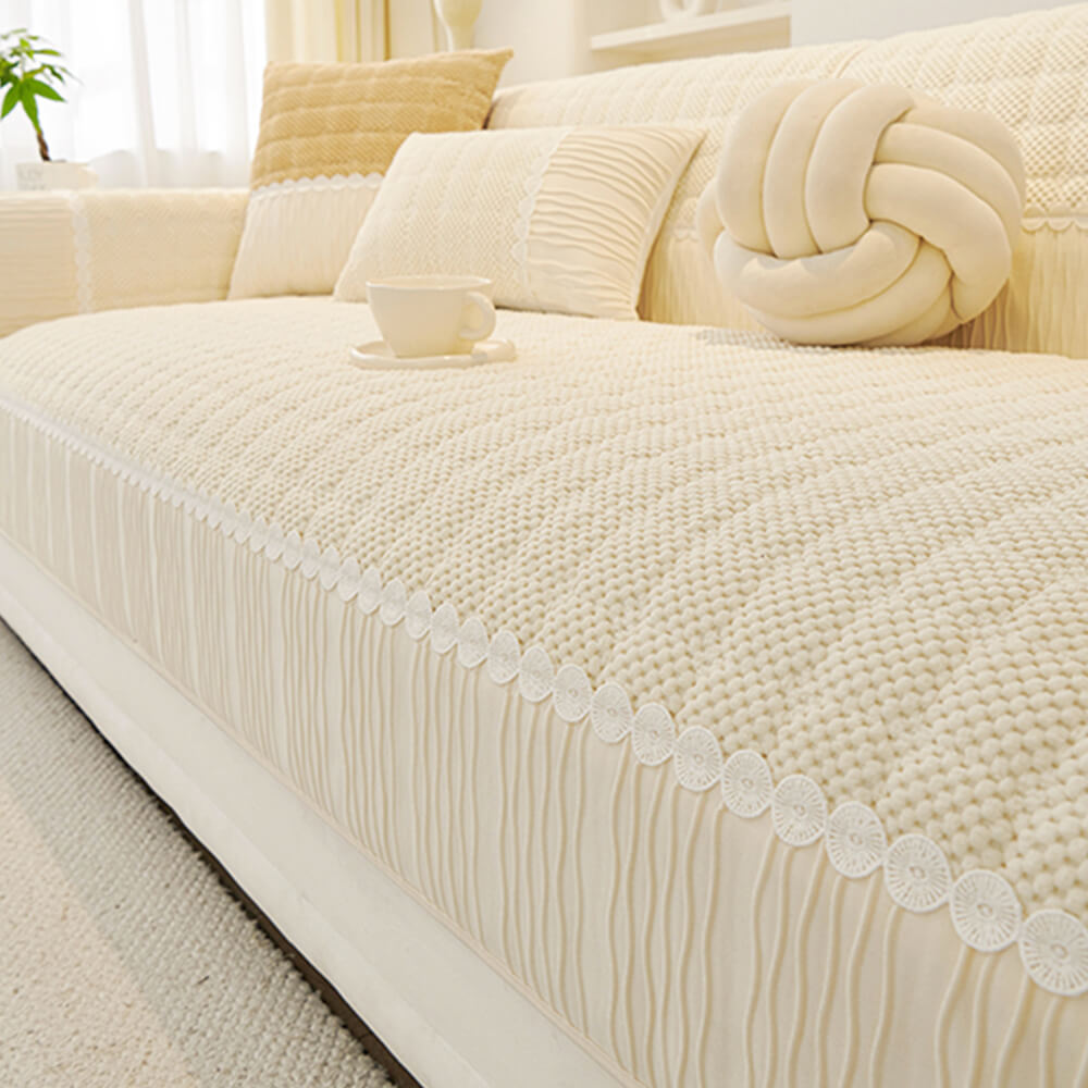 Elegant Soft Plush Grid Stitching Sofa Protector Cover - Warmth and Anti-Slip Couch Mat