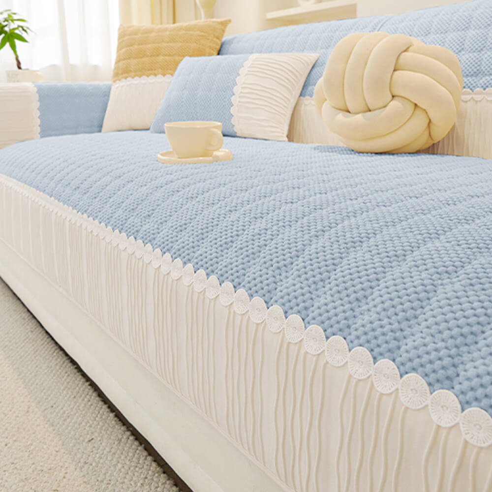 Elegant Soft Plush Grid Stitching Sofa Protector Cover - Warmth and Anti-Slip Couch Mat