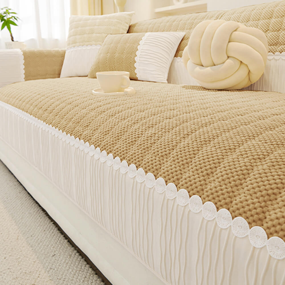 Elegant Soft Plush Grid Stitching Sofa Protector Cover - Warmth and Anti-Slip Couch Mat