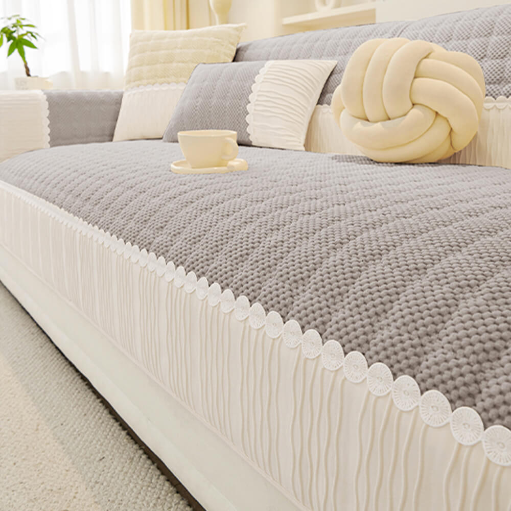 Elegant Soft Plush Grid Stitching Sofa Protector Cover - Warmth and Anti-Slip Couch Mat