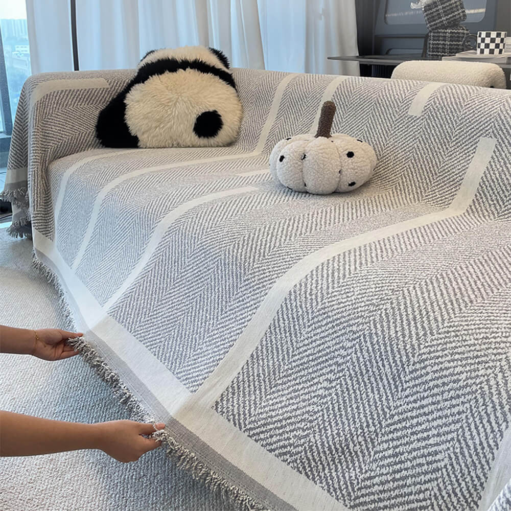 Herringbone Pattern Fringed Chenille Sofa Throw Cover