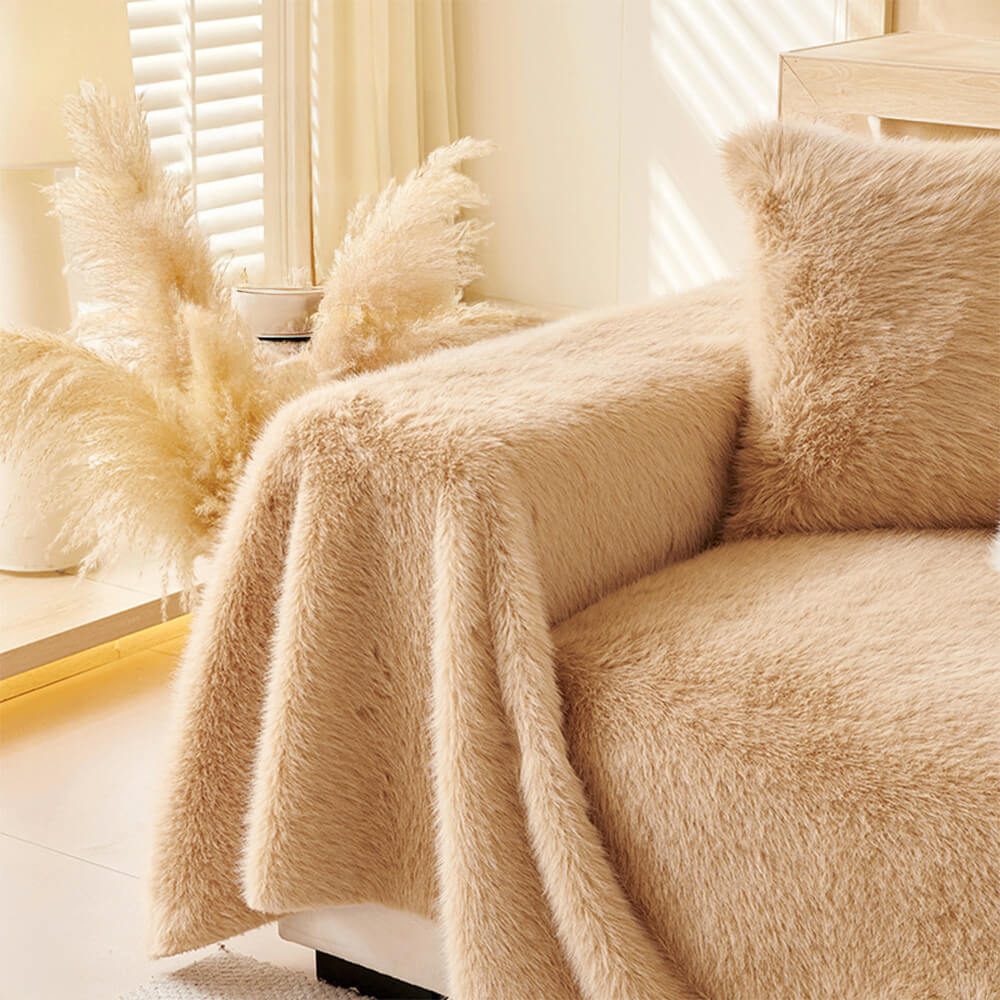 Luxury Skin-Friendly Long Faux Fur One-Piece Sofa Protector Cover - Multi-Functional Couch Mat