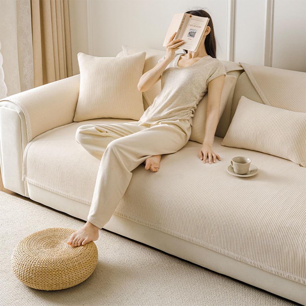 Modern Cream Vertical Stripes Fleece All-Season Sofa Cover