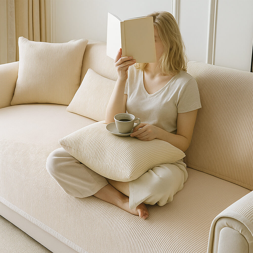 Modern Cream Vertical Stripes Fleece All-Season Sofa Cover