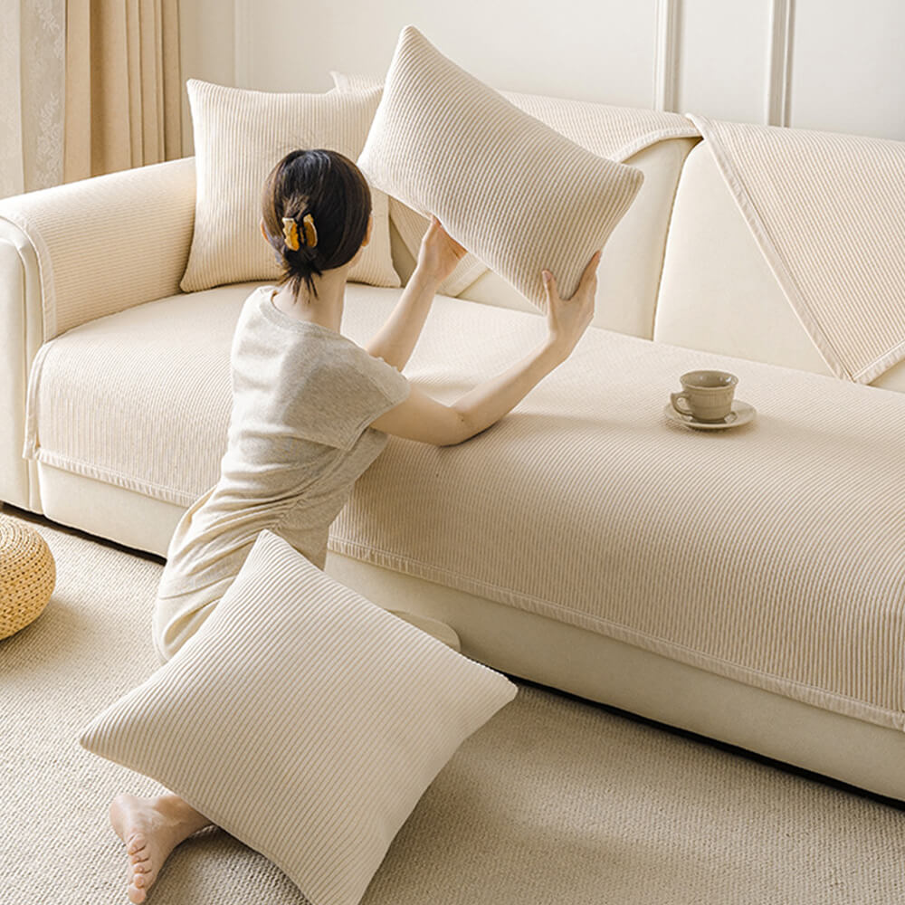 Modern Cream Vertical Stripes Fleece All-Season Sofa Cover