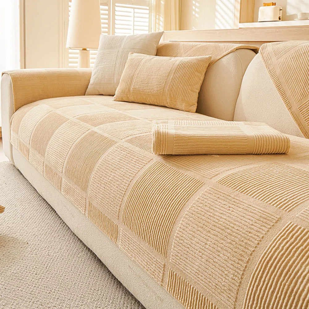 Plush Cream Geometric All-Season Non-Slip Sofa Cover