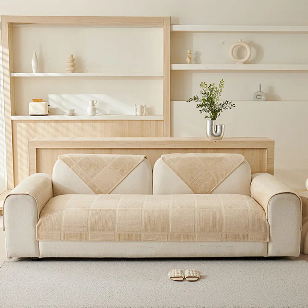 Plush Cream Geometric All-Season Non-Slip Sofa Cover