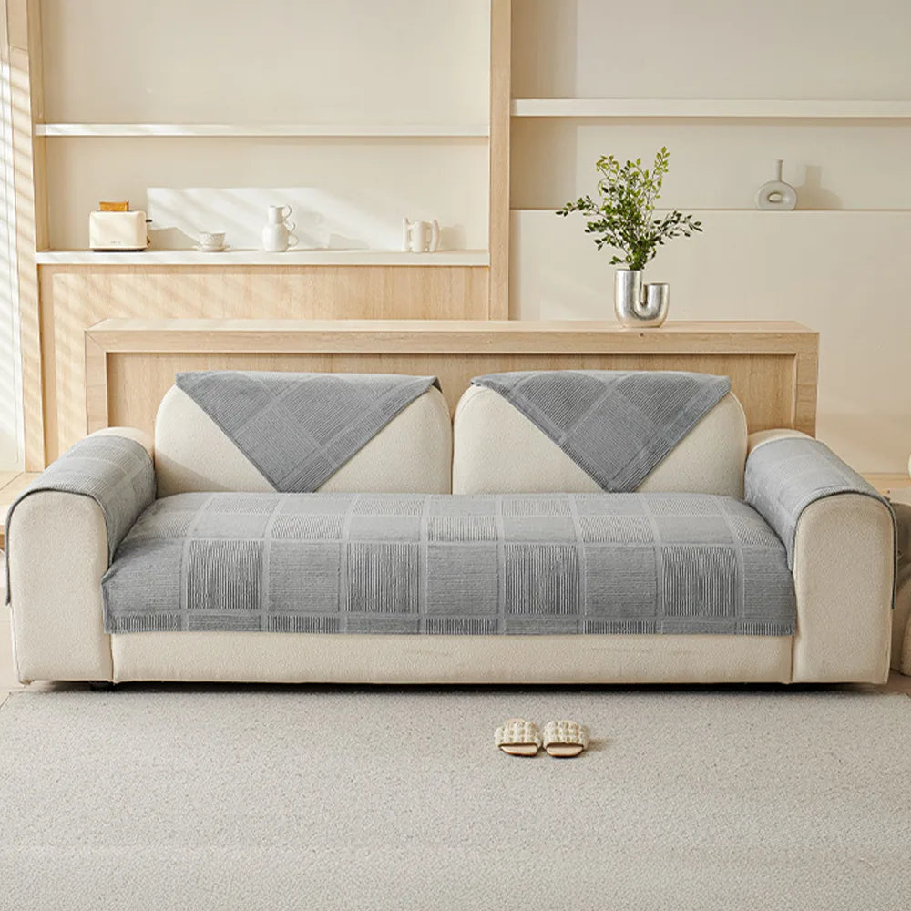 Plush Cream Geometric All-Season Non-Slip Sofa Cover