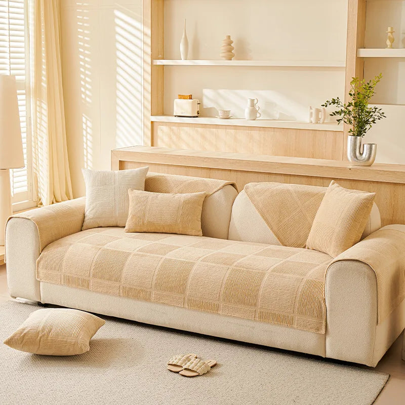 Plush Cream Geometric All-Season Non-Slip Sofa Cover