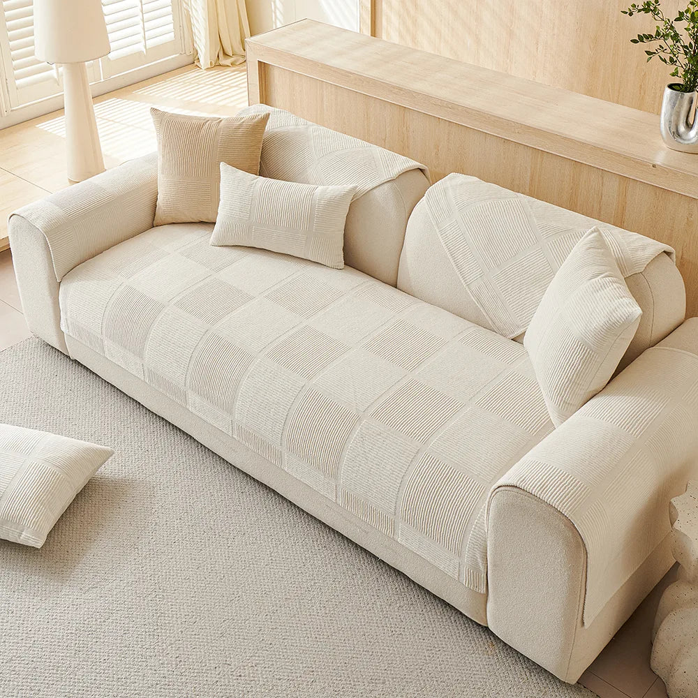 Plush Cream Geometric All-Season Non-Slip Sofa Cover