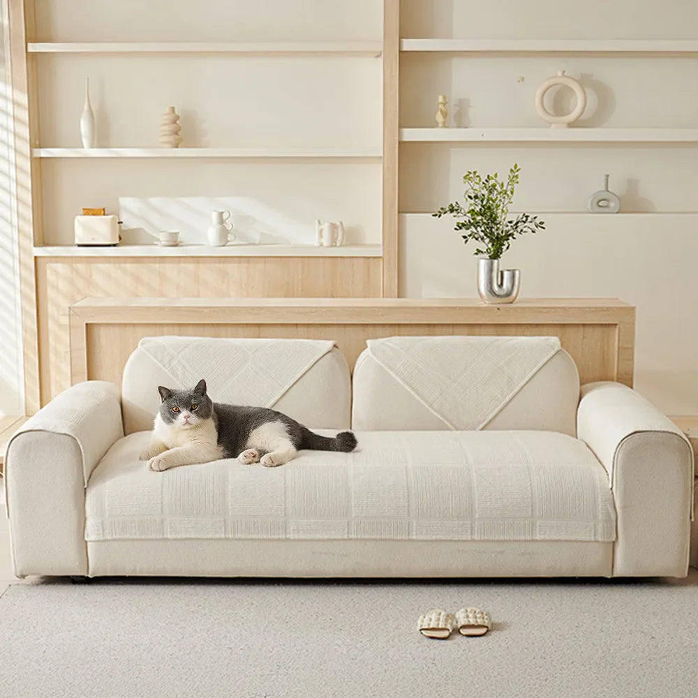 Plush Cream Geometric All-Season Non-Slip Sofa Cover