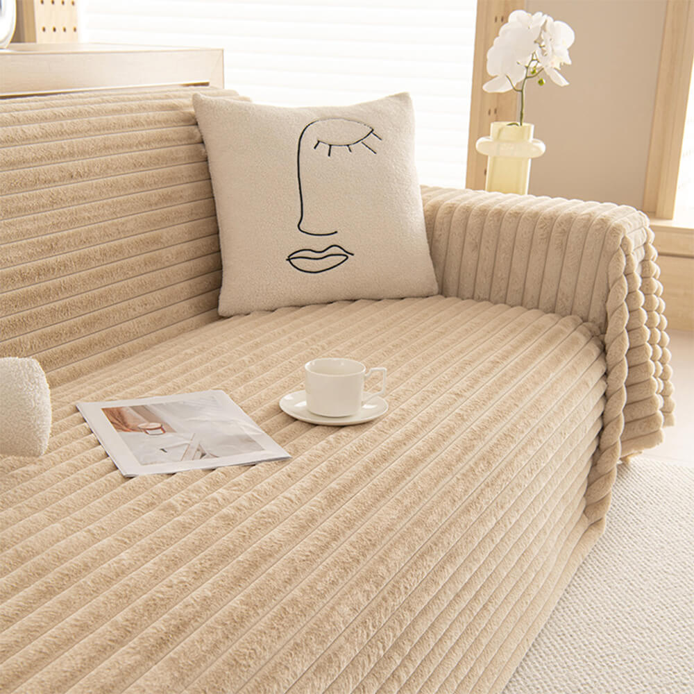 Striped Faux Rabbit Fur One-Piece Sofa Protector Cover - Multi-Functional Furniture Mat for Couch Protection
