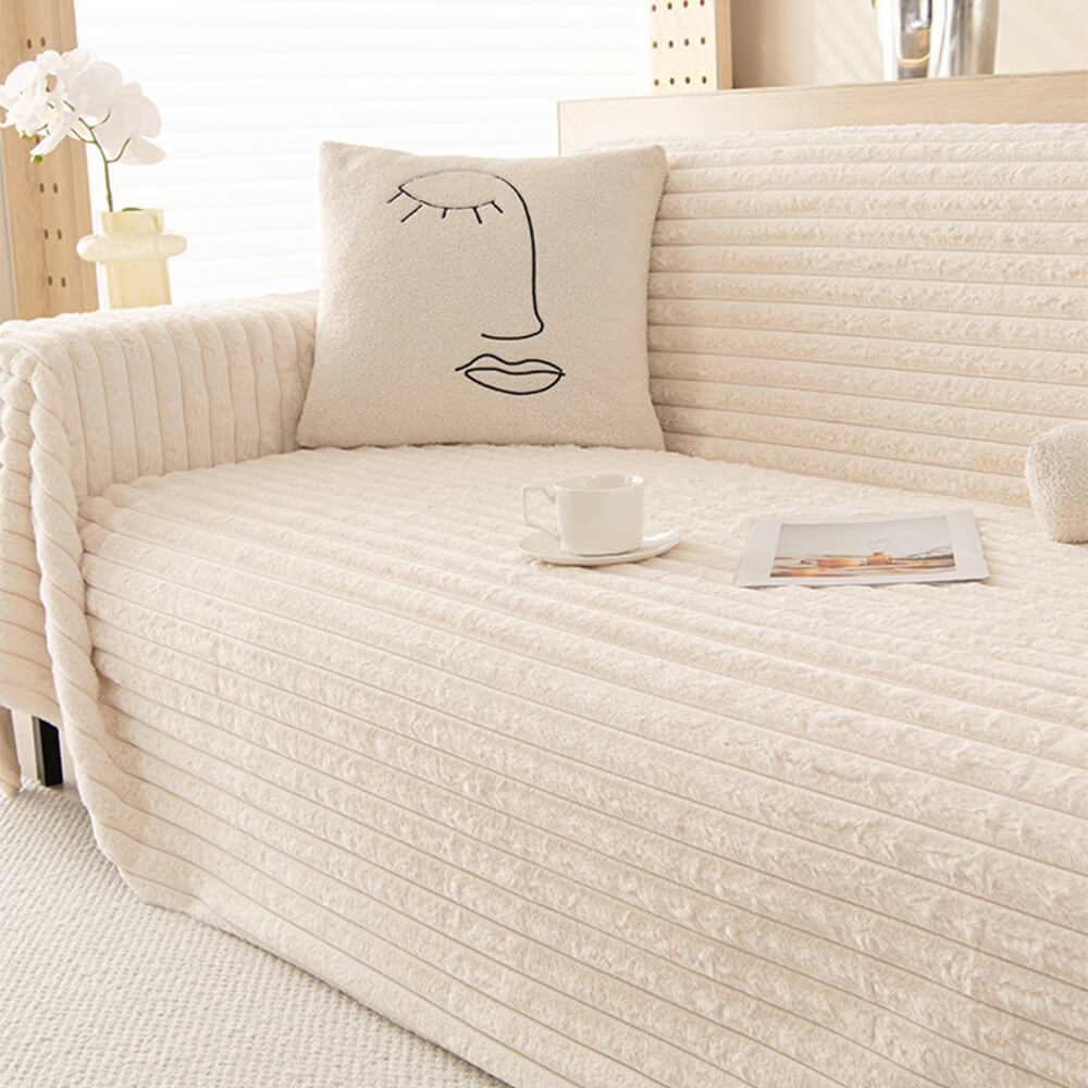 Striped Faux Rabbit Fur One-Piece Sofa Protector Cover - Multi-Functional Furniture Mat for Couch Protection