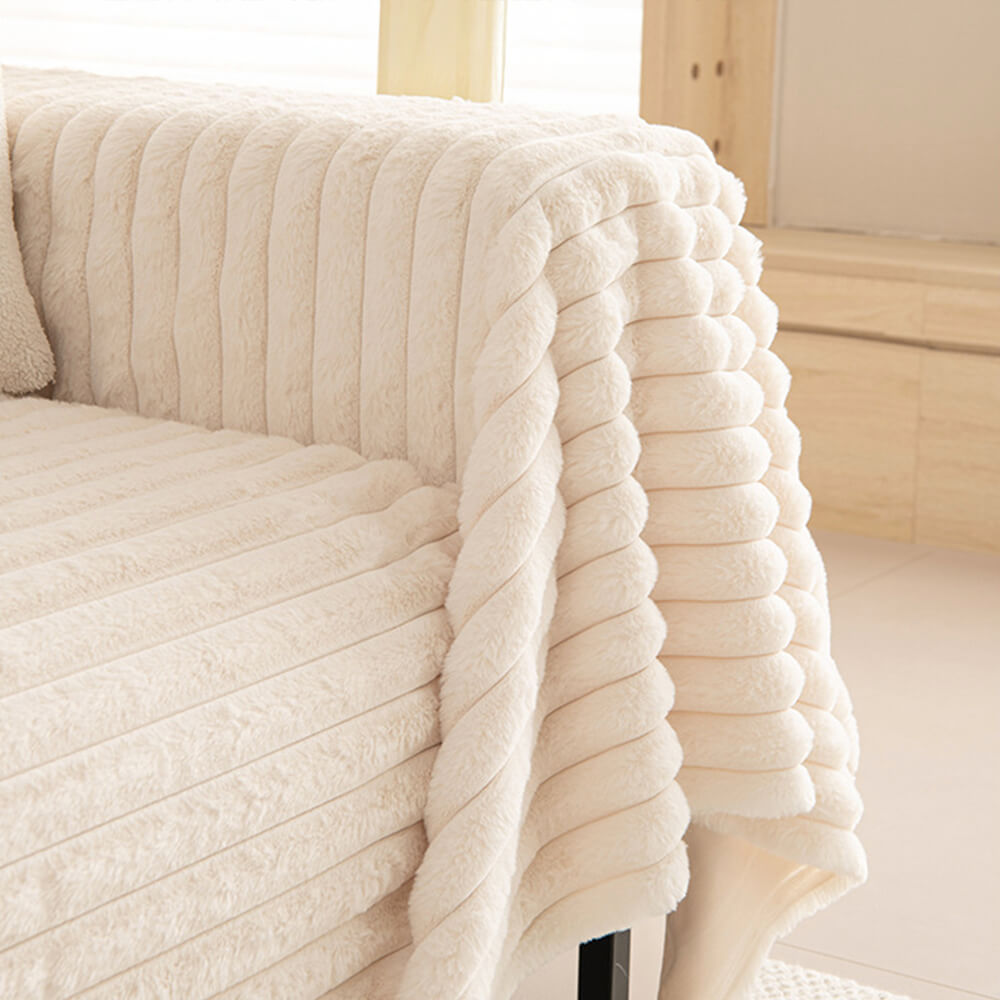 Striped Faux Rabbit Fur One-Piece Sofa Protector Cover - Multi-Functional Furniture Mat for Couch Protection