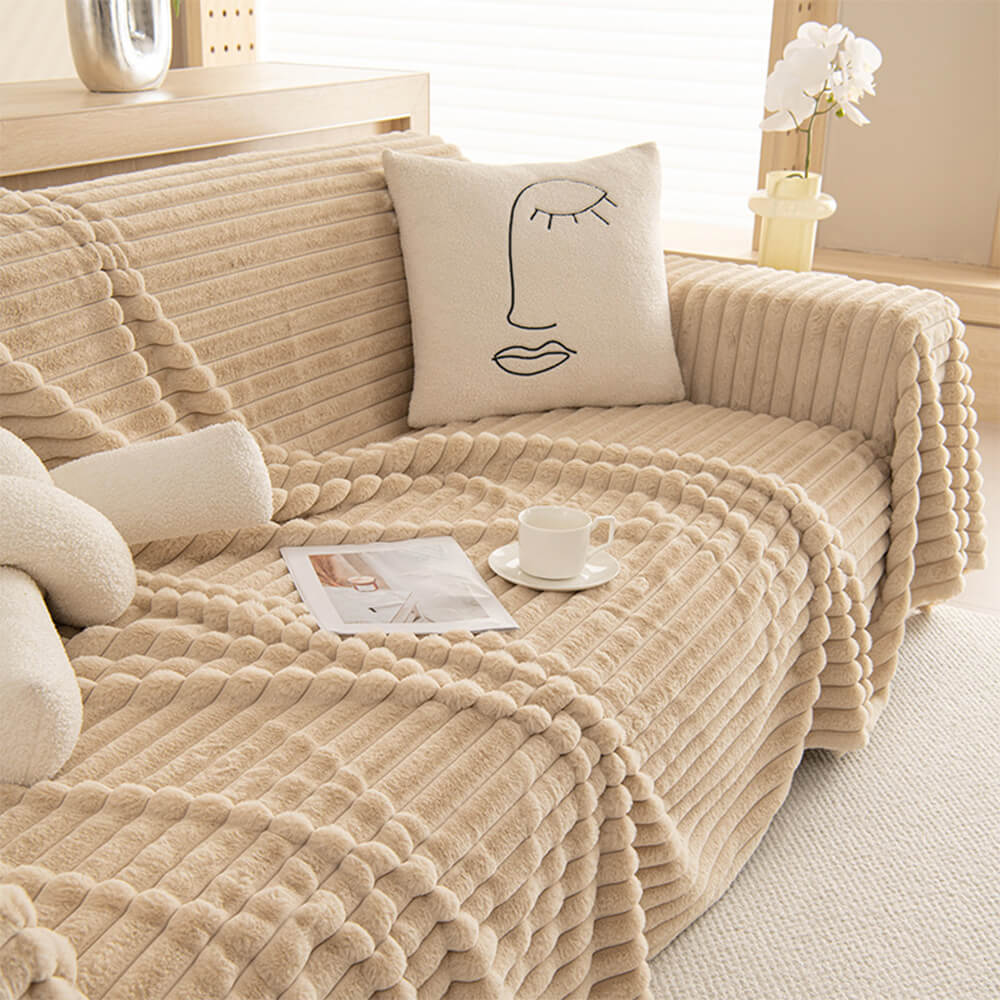 Striped Faux Rabbit Fur One-Piece Sofa Protector Cover - Multi-Functional Furniture Mat for Couch Protection