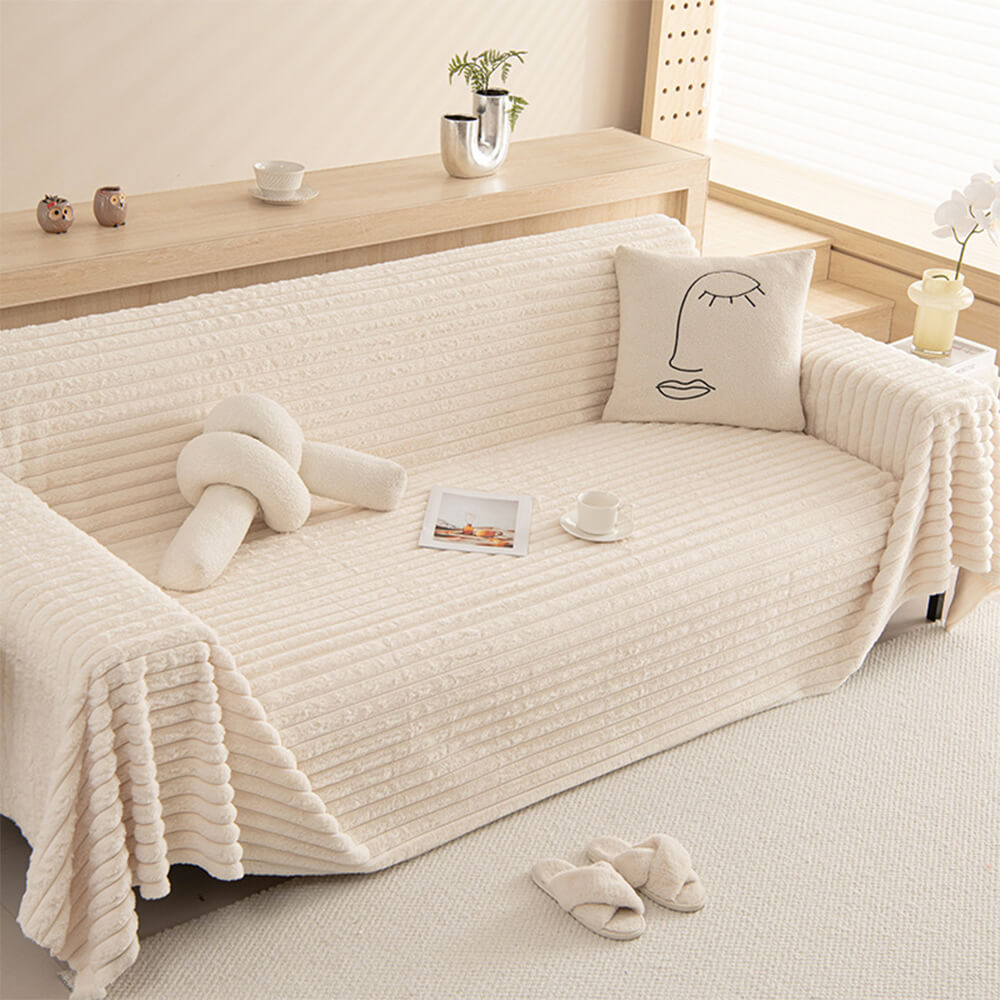 Striped Faux Rabbit Fur One-Piece Sofa Protector Cover - Multi-Functional Furniture Mat for Couch Protection