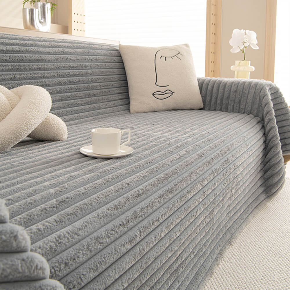 Striped Faux Rabbit Fur One-Piece Sofa Protector Cover - Multi-Functional Furniture Mat for Couch Protection