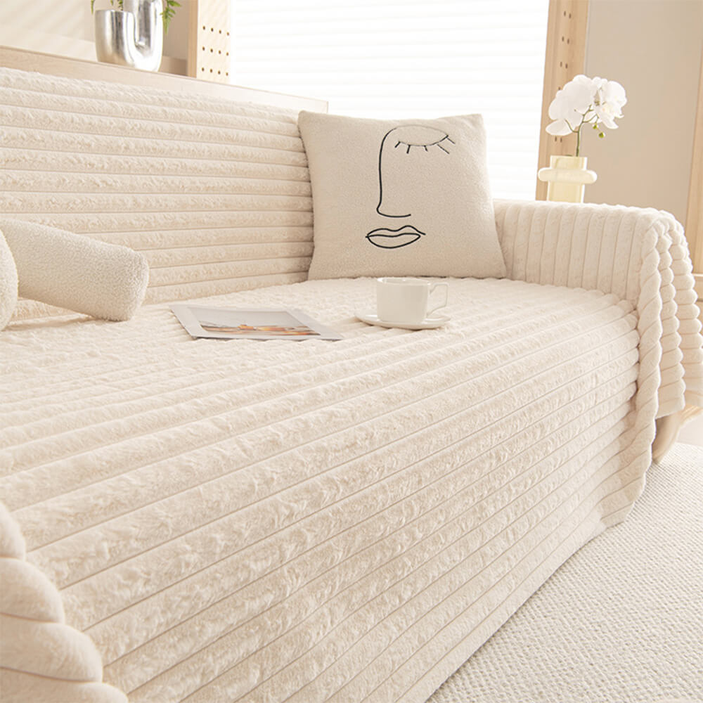 Striped Faux Rabbit Fur One-Piece Sofa Protector Cover - Multi-Functional Furniture Mat for Couch Protection