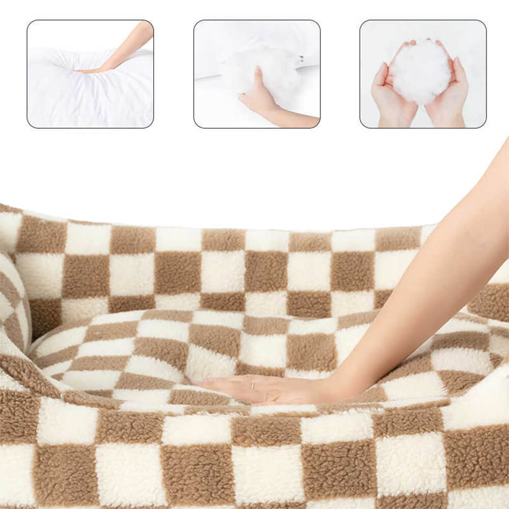 Elegante sofá cama para perros extraíble y lavable con diseño de cuadros para mayor calidez y comodidad.