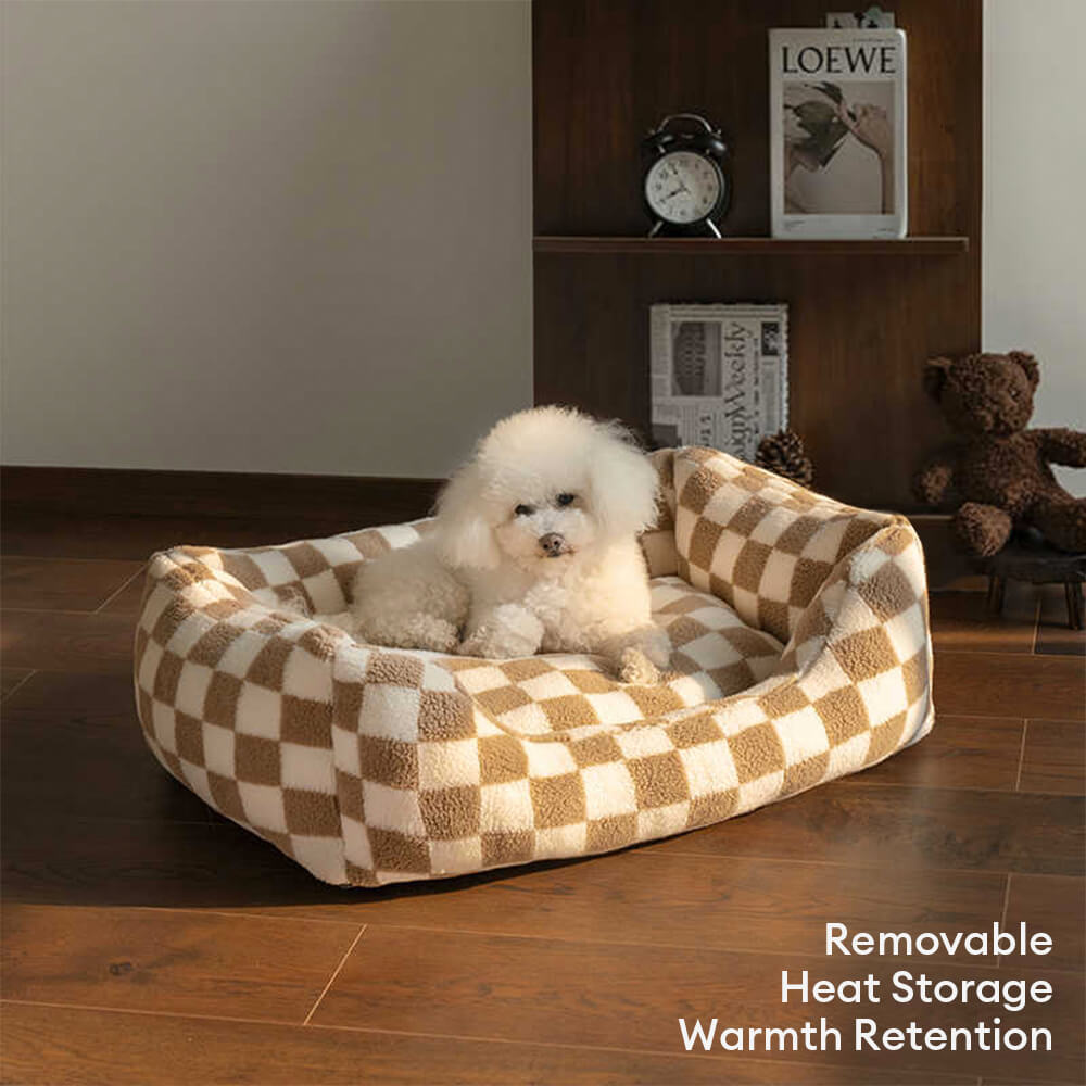 Elegante sofá cama para perros extraíble y lavable con diseño de cuadros para mayor calidez y comodidad.