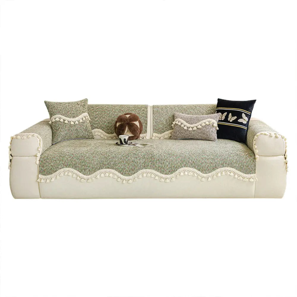 Chic Chenille Bouclé Non-Slip Sofa Cover with Wavy Tassel Trim
