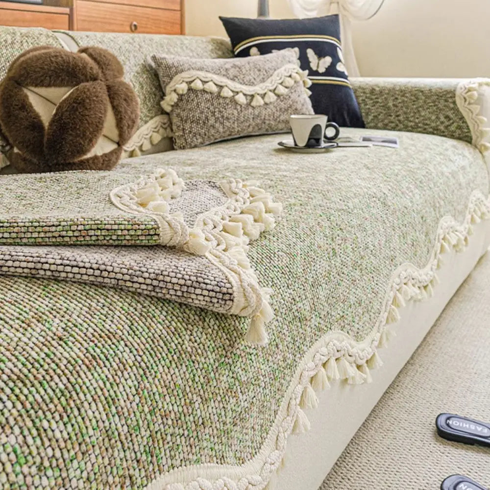 Chic Chenille Bouclé Non-Slip Sofa Cover with Wavy Tassel Trim