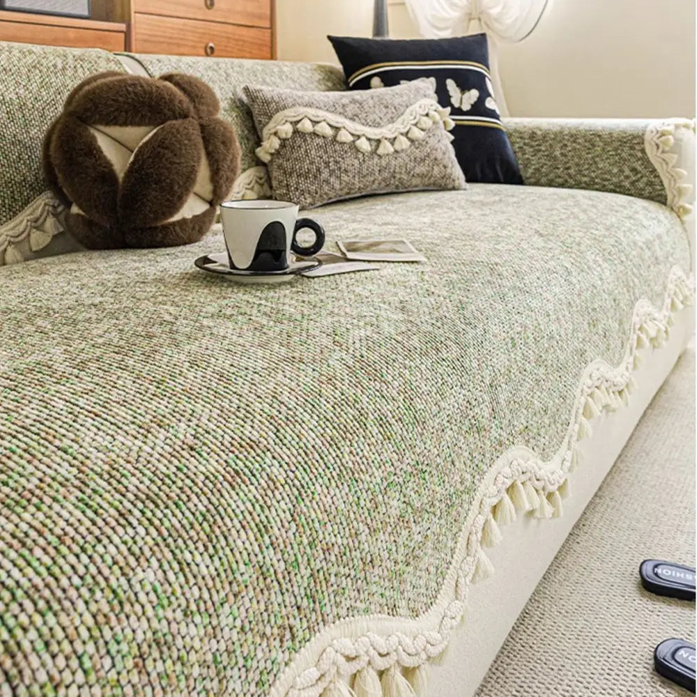 Chic Chenille Bouclé Non-Slip Sofa Cover with Wavy Tassel Trim