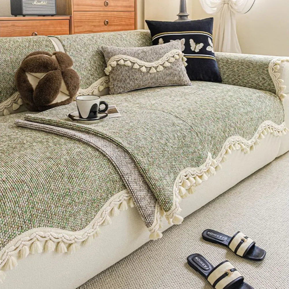 Chic Chenille Bouclé Non-Slip Sofa Cover with Wavy Tassel Trim