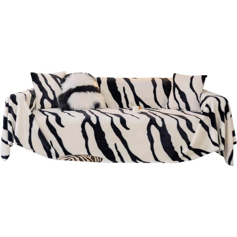 Luxurious Zebra-Print Plush Sofa Protector Cover - Stylish Fluffy Furniture Mat for Couch Protection