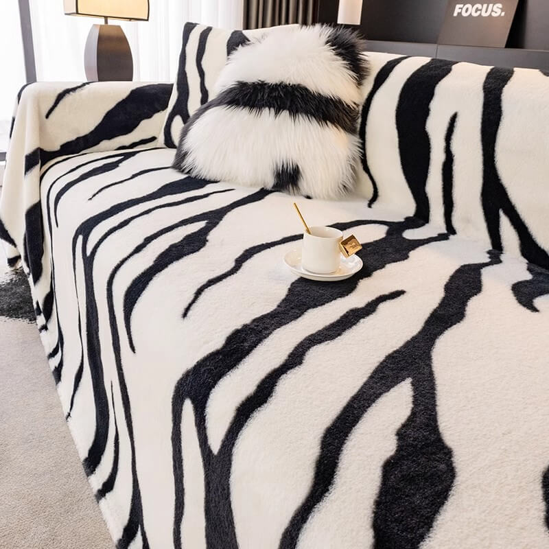 Luxurious Zebra-Print Plush Sofa Protector Cover - Stylish Fluffy Furniture Mat for Couch Protection