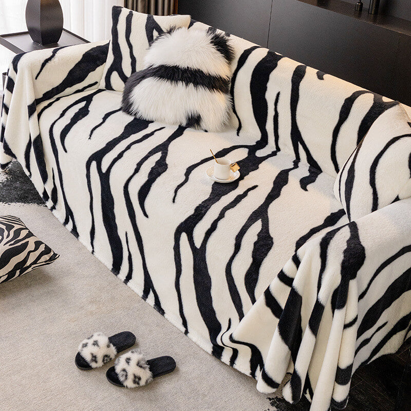 Luxurious Zebra-Print Plush Sofa Protector Cover - Stylish Fluffy Furniture Mat for Couch Protection