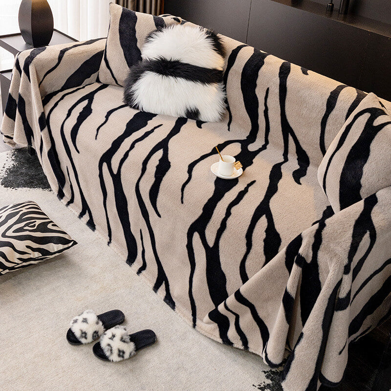 Luxurious Zebra-Print Plush Sofa Protector Cover - Stylish Fluffy Furniture Mat for Couch Protection