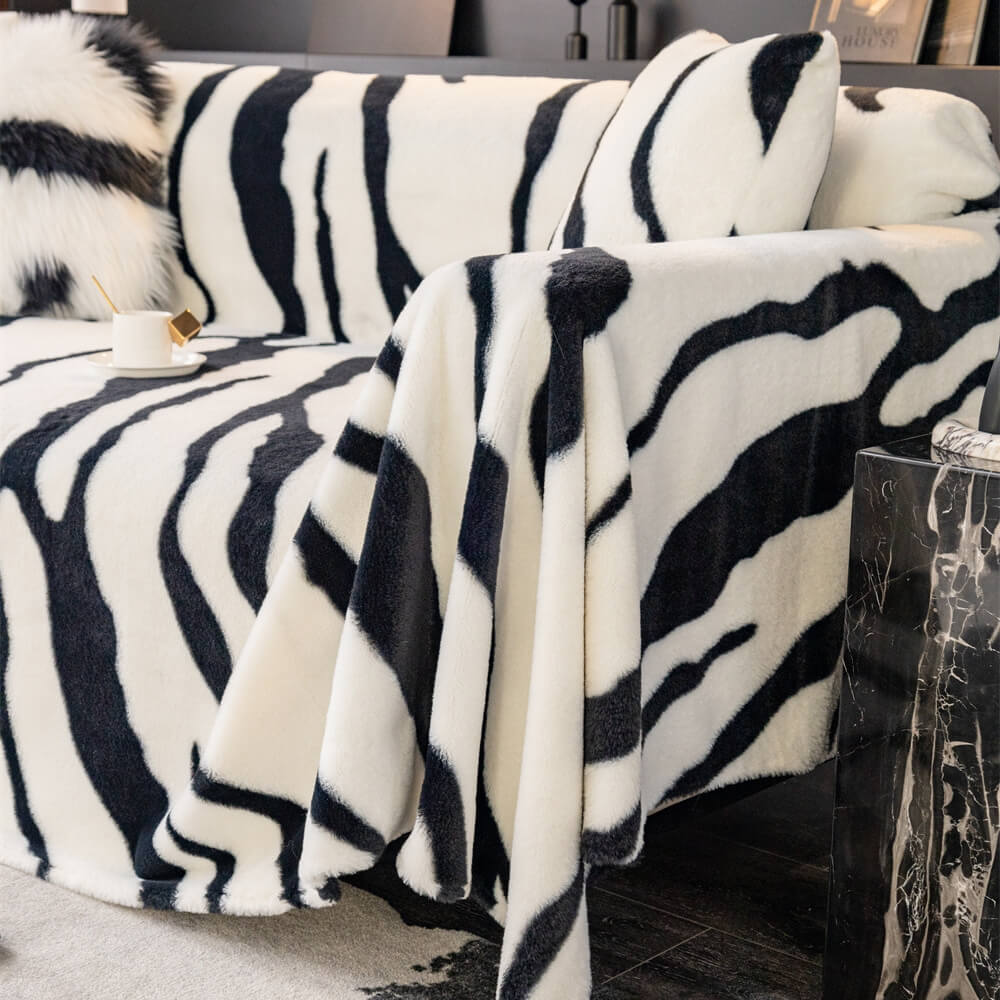 Luxurious Zebra-Print Plush Sofa Protector Cover - Stylish Fluffy Furniture Mat for Couch Protection