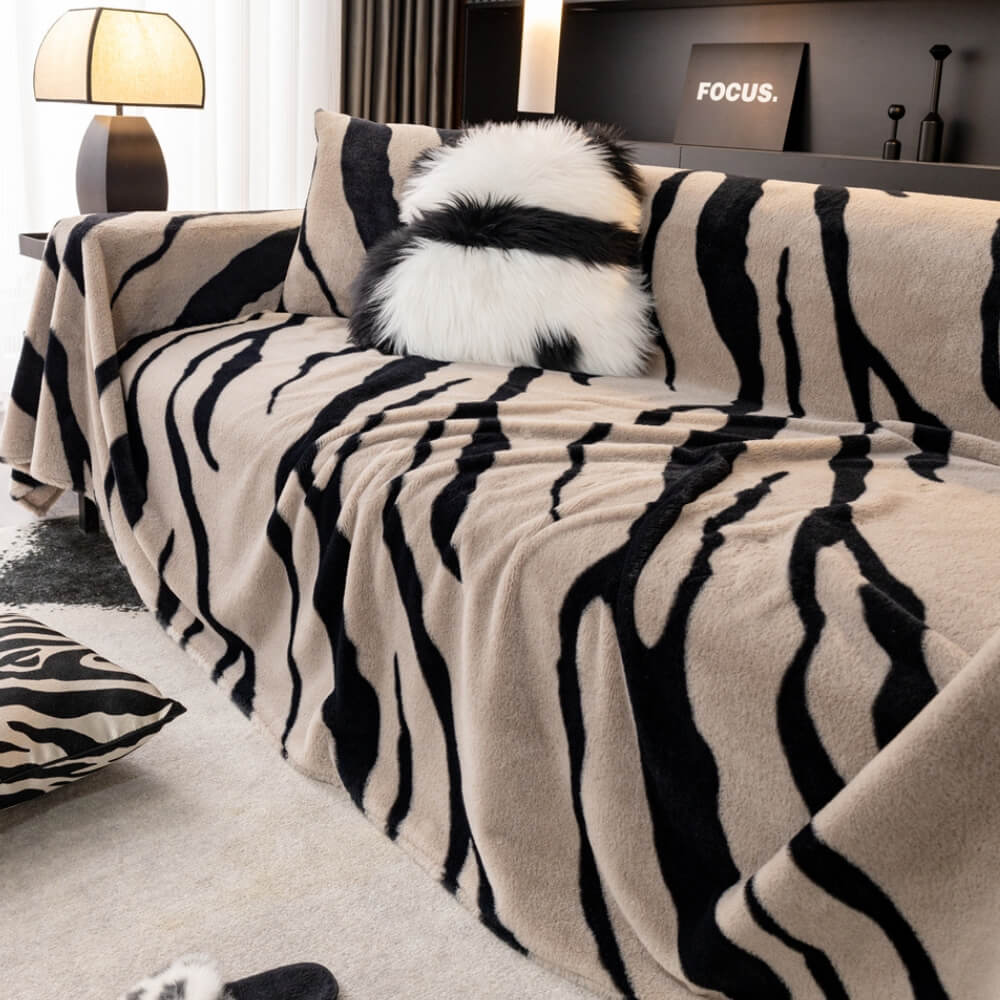 Luxurious Zebra-Print Plush Sofa Protector Cover - Stylish Fluffy Furniture Mat for Couch Protection