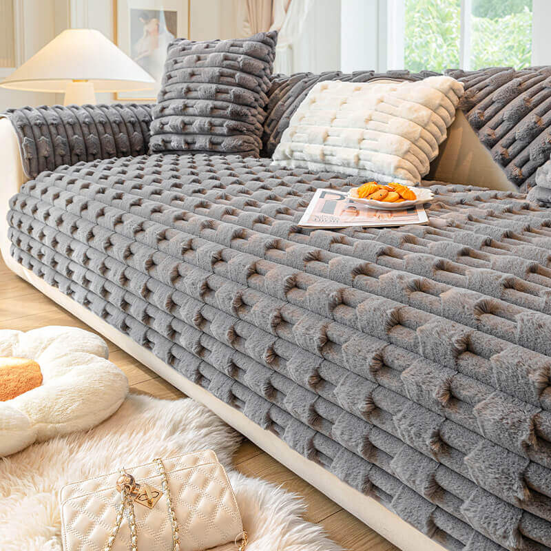 Rabbit Velvet Plush Sofa Cushion, Winter Thickened Non-Slip Leather Sofa Cover