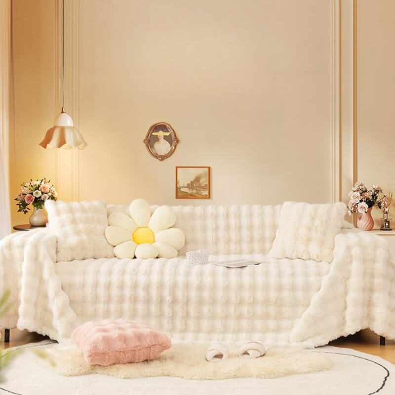 Ultra-Soft Faux Rabbit Fur Sofa Protector Cover - Skin-Friendly Full Protection Furniture Mat for Couch