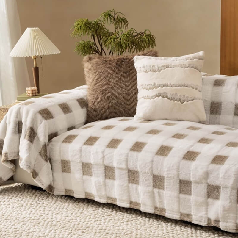 Ultra-Soft Plush Checkerboard Sofa Protector Cover - Full-Cover Furniture Mat for Couch Protection