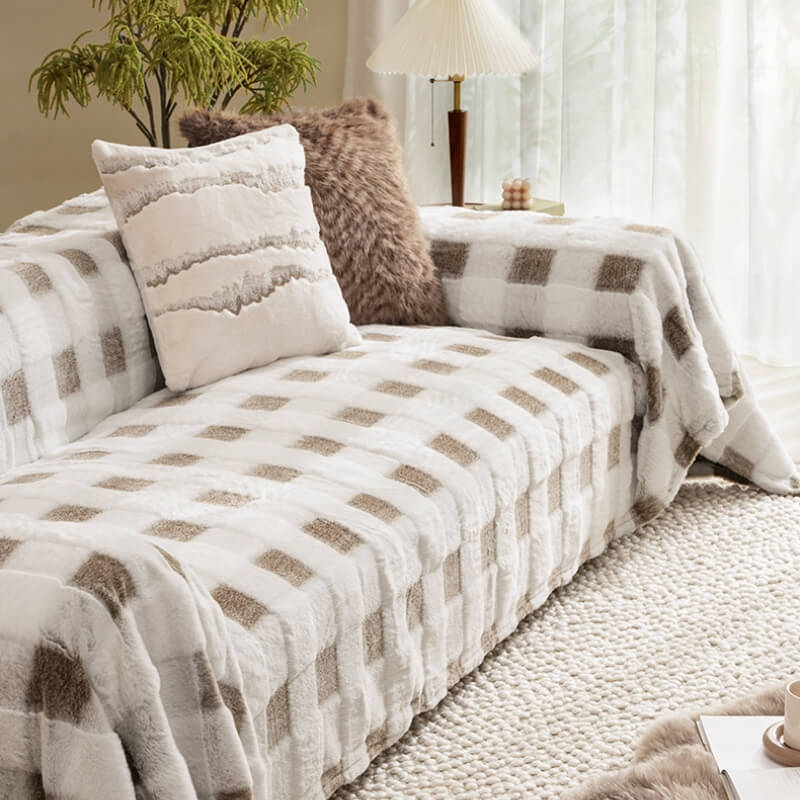 Ultra-Soft Plush Checkerboard Sofa Protector Cover - Full-Cover Furniture Mat for Couch Protection