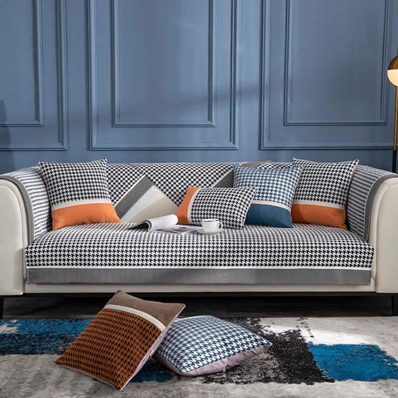 Classic Houndstooth Print Chenille Non-Slip Sofa Cover