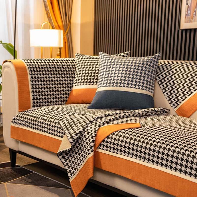 Classic Houndstooth Print Chenille Non-Slip Sofa Cover