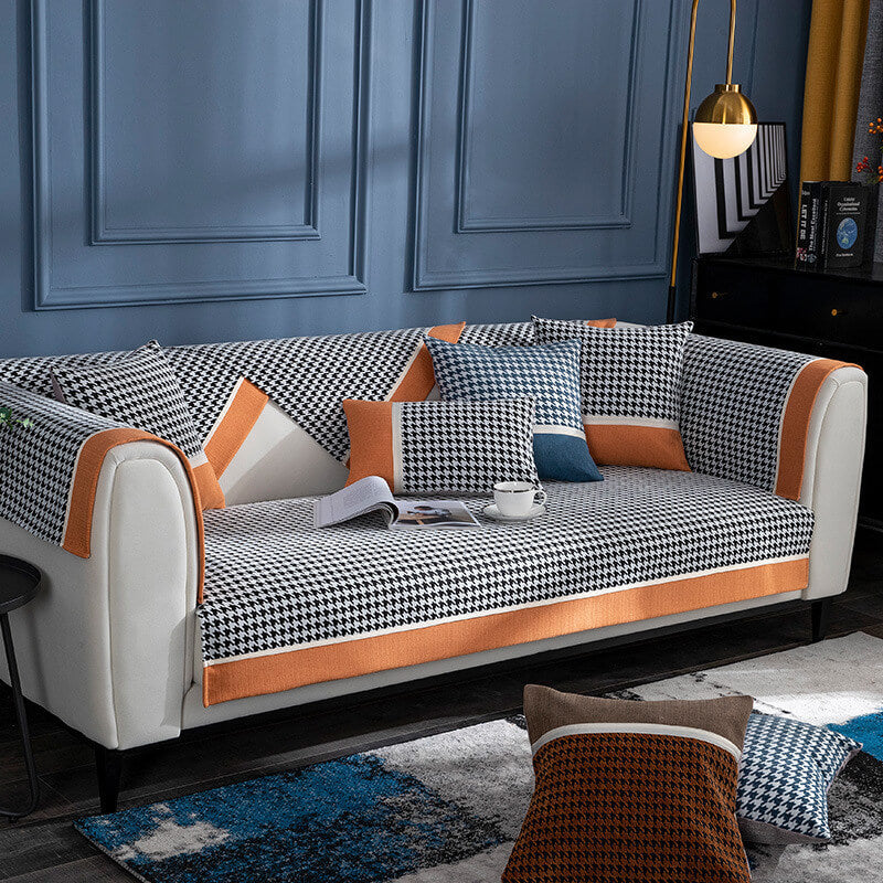 Classic Houndstooth Print Chenille Non-Slip Sofa Cover