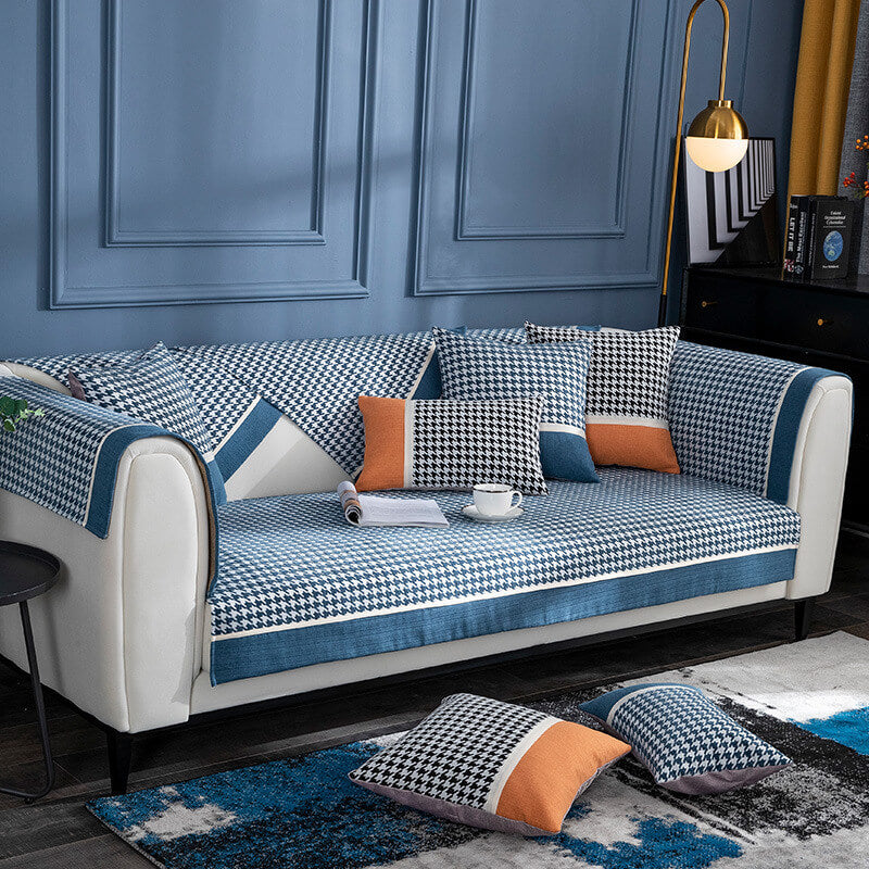 Classic Houndstooth Print Chenille Non-Slip Sofa Cover