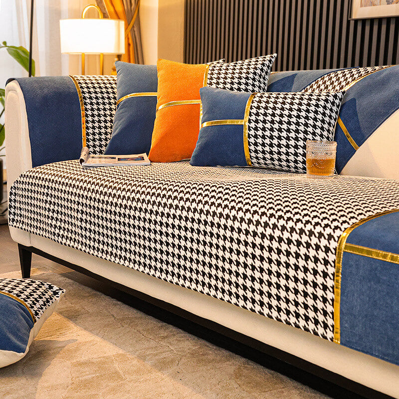 Classic Houndstooth Print Chenille Non-Slip Sofa Cover