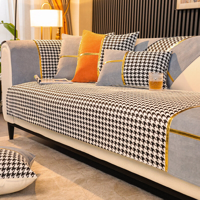 Classic Houndstooth Print Chenille Non-Slip Sofa Cover