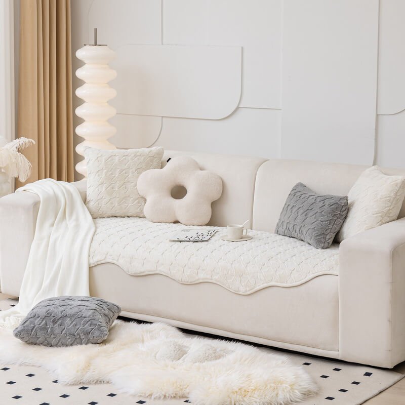 Light Luxury Plush Houndstooth Sofa Protector Cover - Stylish Irregular Furniture Mat for Couch Protection