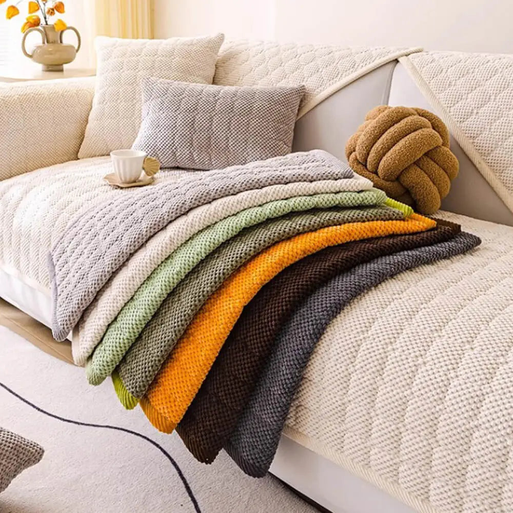 Cozy Quilted Grid Corduroy Thickened Anti-Slip Sofa Cover