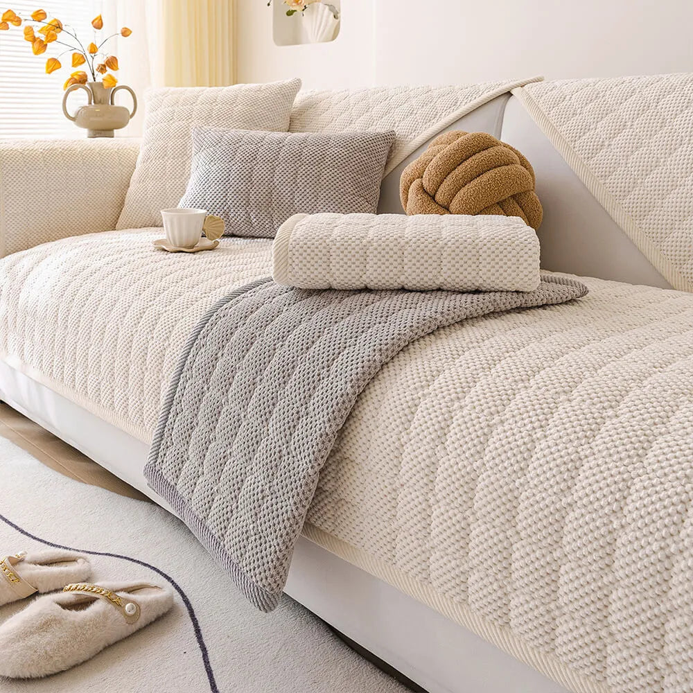 Cozy Quilted Grid Corduroy Thickened Anti-Slip Sofa Cover